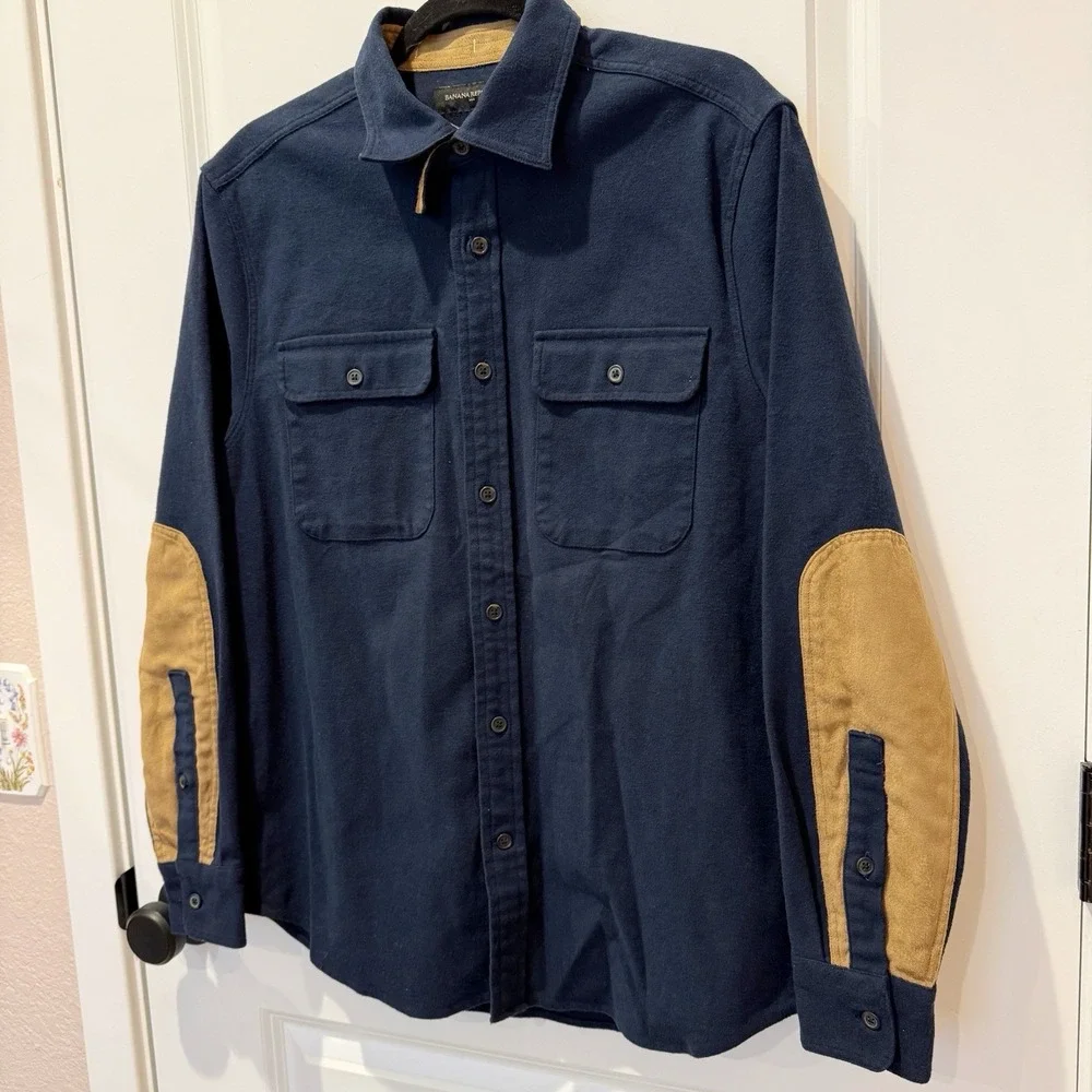 Banana Republic Mens Moleskin Button Up Shirt Small Navy Thick Elbow Patch